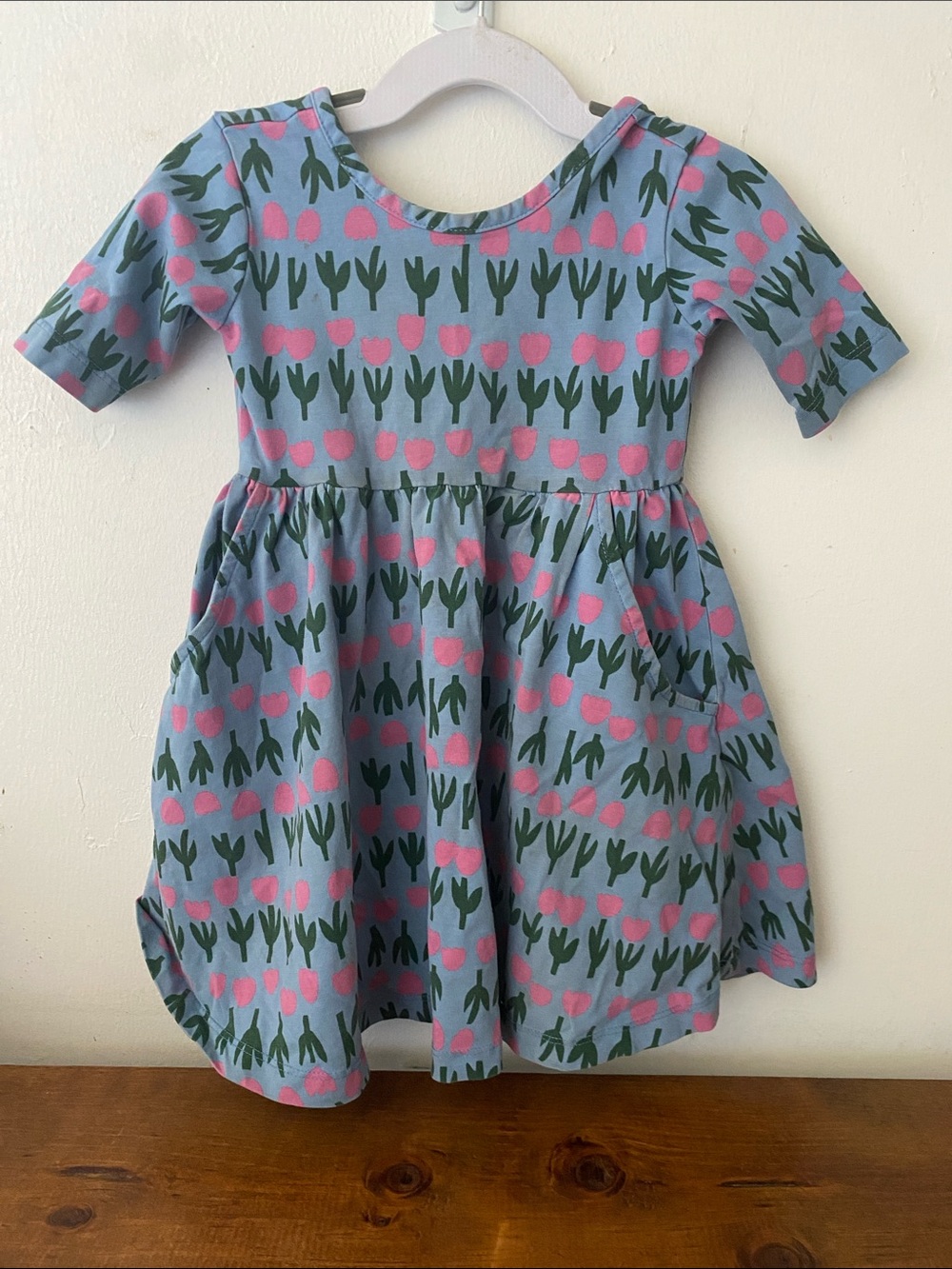 Hanna Andersson Blue Dress with Pink & Green Tulip Print